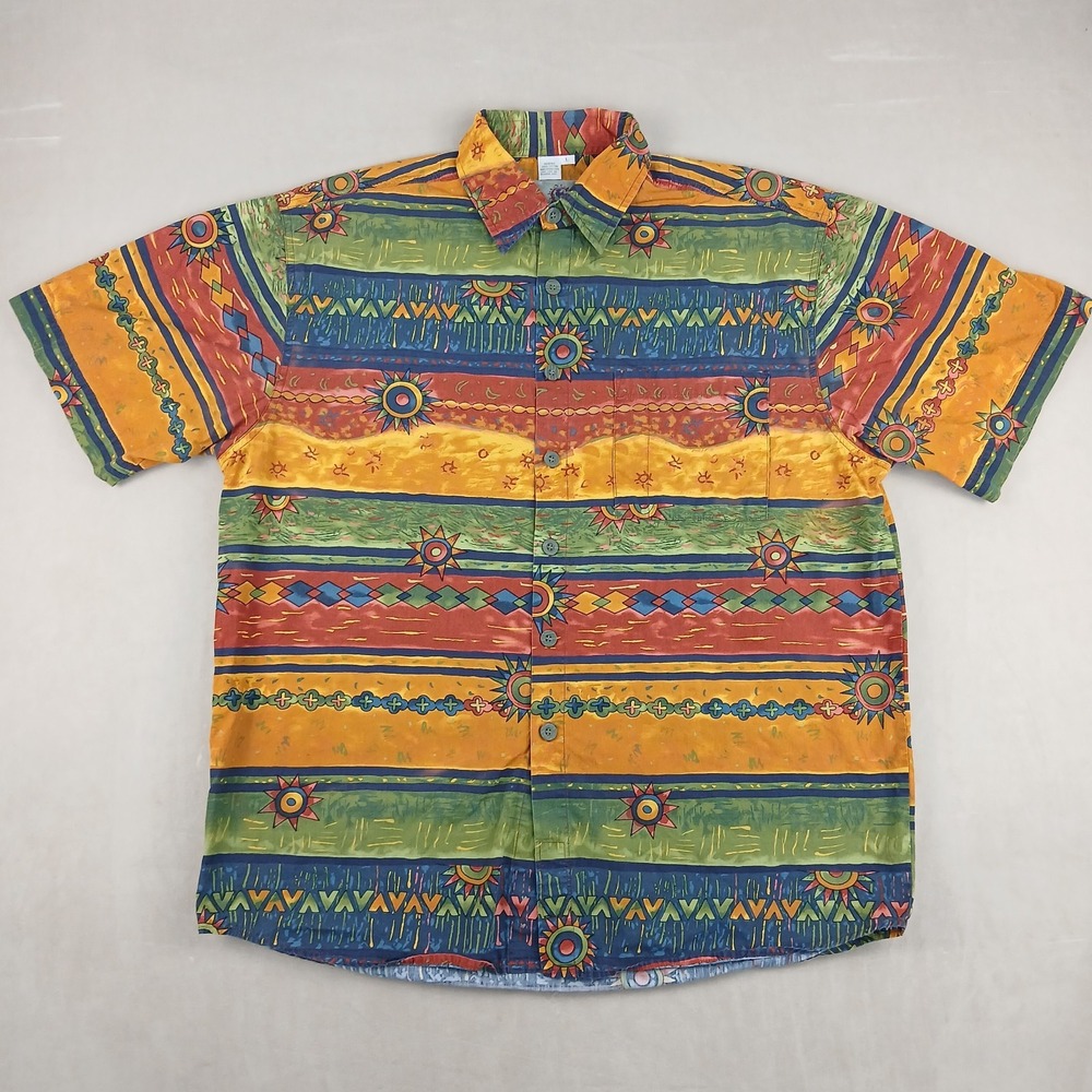 VTG Territory Ahead Large Mens Shirt Aztec Polynesian 25x29 Casual Camp Hawaiian